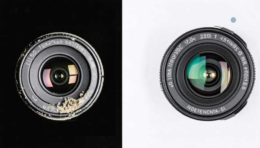 Before and after comparison of a camera lens showing the effectiveness of cleaning