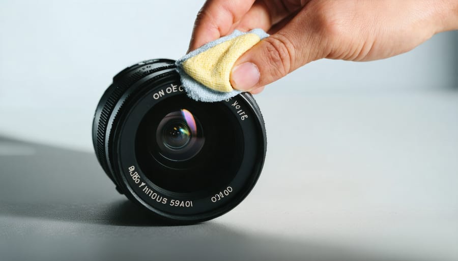 Photographer demonstrating the correct method for cleaning a camera lens