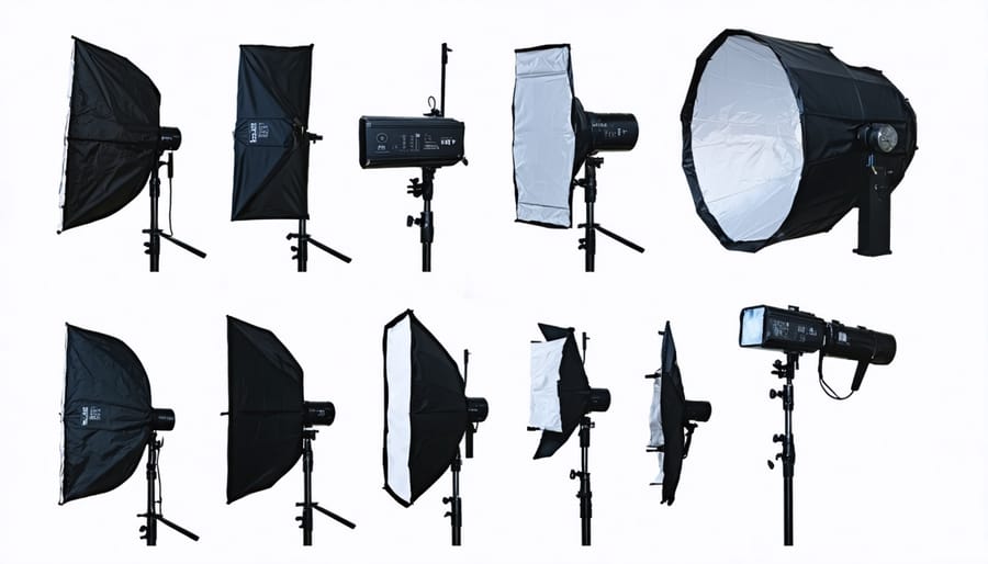 Various photography light modifiers displayed together showing softboxes, umbrellas, and reflector panels