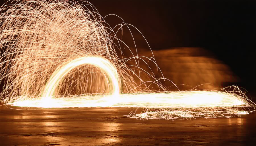 Circular patterns of glowing sparks against dark background created by spinning steel wool