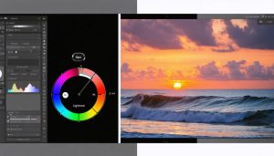 Mobile phone displaying Lightroom Mobile app with color grading tools, alongside a before-and-after edit of a sunset photo, illustrating powerful mobile editing capabilities.