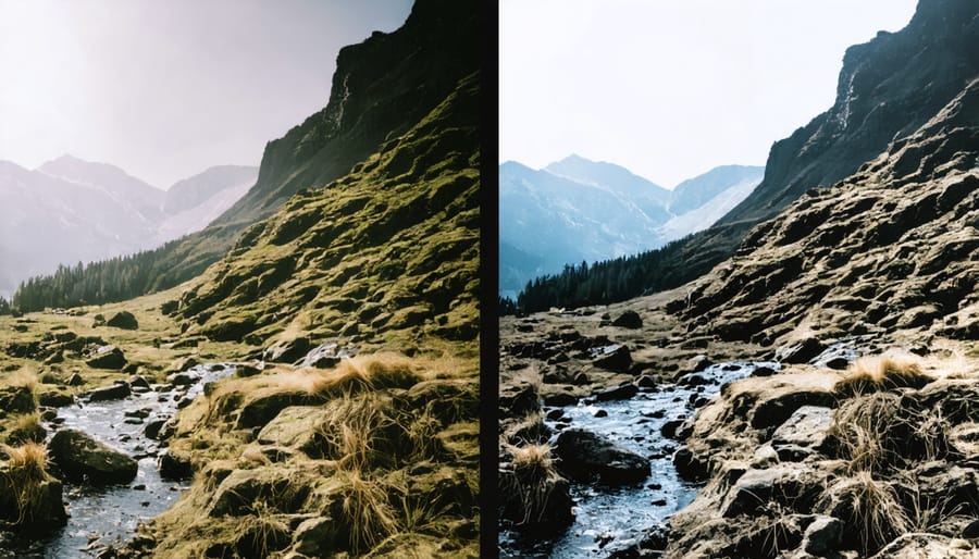 Side-by-side comparison of a landscape photo showing the effect of selective adjustments in Lightroom Mobile
