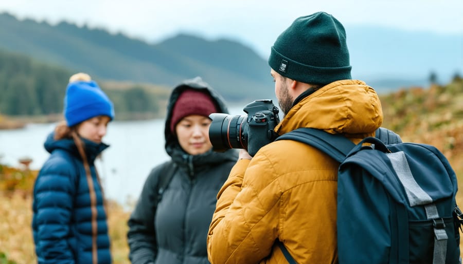 Group of photographers learning landscape photography techniques in a local natural setting