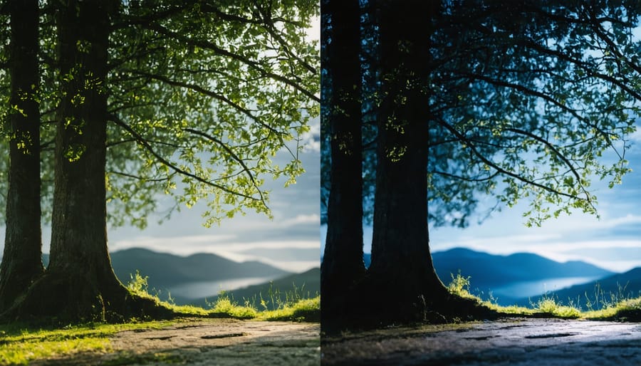 Side-by-side comparison of a dimly lit scene showing differences in noise and clarity between sensor sizes