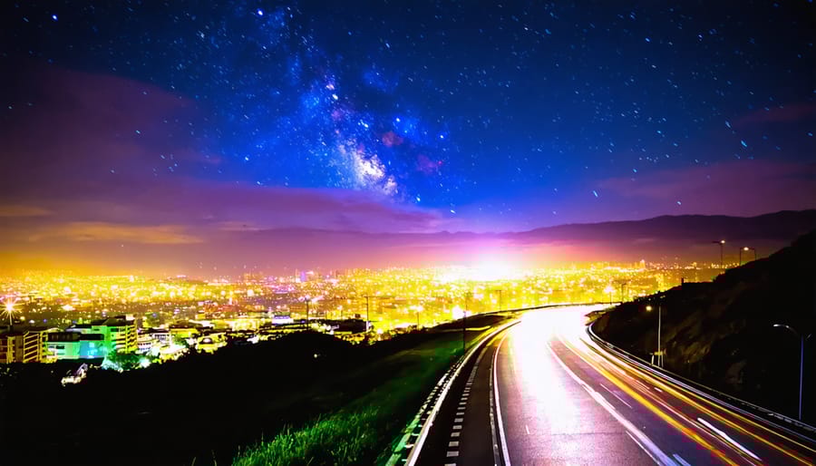 Breathtaking view of a vibrant cityscape at night, with long exposure light trails weaving through the streets beneath a twinkling starlit sky. The image captures the peaceful coexistence of urban lights and natural stars, creating a harmonious and dynamic night scene.
