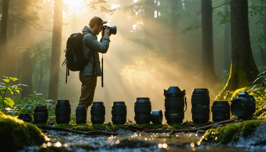 An experienced nature photographer capturing a dewdrop on a leaf in a misty forest at sunrise, with photography gear laid out beside them, illustrating the blend of technical skill and artistic vision needed for nature photography.