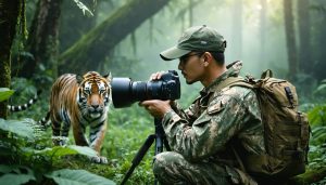 A wildlife photographer in camouflage gear uses a telephoto lens to capture a Bengal tiger peacefully walking through its jungle habitat, symbolizing the ethical practices of capturing nature while protecting it.