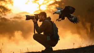 A wildlife photographer using a telephoto lens to capture an eagle flying at sunrise in the Serengeti, emphasizing the harmony of technical skill and natural environmental conditions.