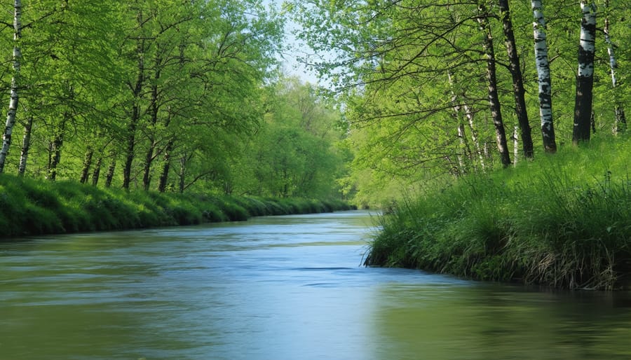 Landscape photograph showing natural leading lines created by a winding river and tree-lined path