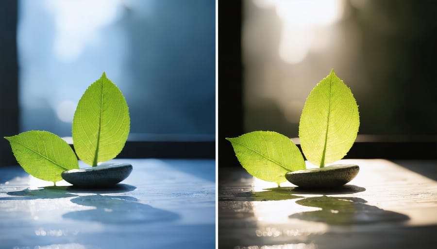 Split image comparing the same landscape with and without ND filter, demonstrating exposure control