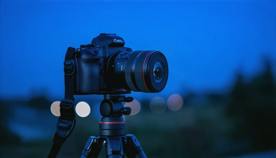 Camera mounted on sturdy tripod with remote shutter release, photographing a cityscape at dusk