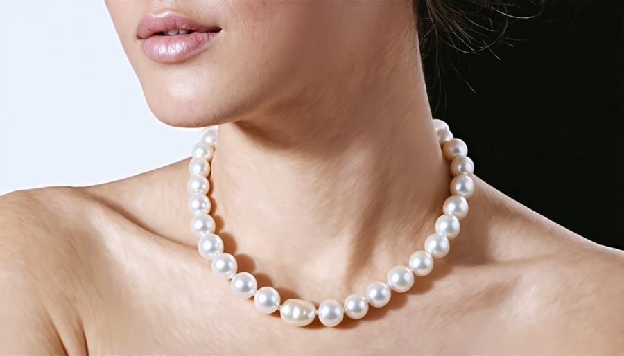 Before and after images showing proper lighting techniques for photographing pearl jewelry