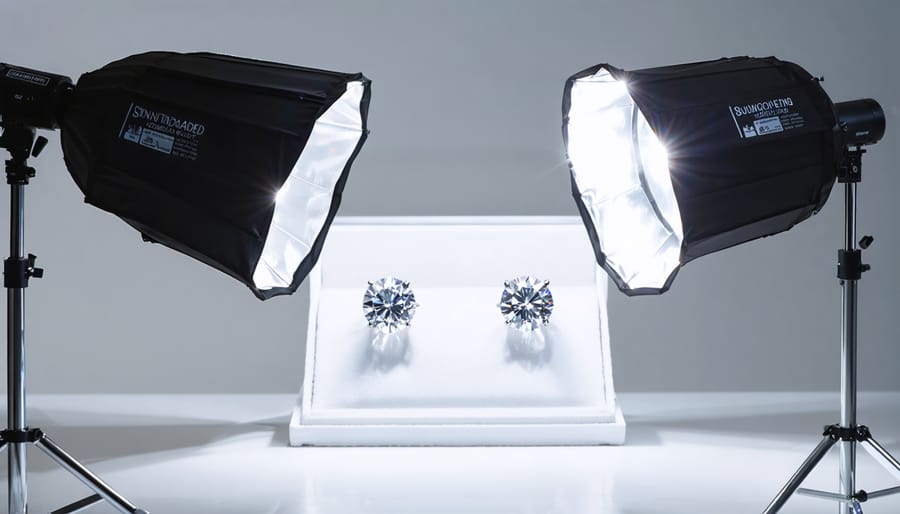 Professional studio setup for jewelry photography showcasing meticulous lighting arrangement with softboxes, LED strip, and diffuser highlighting diamond earrings.