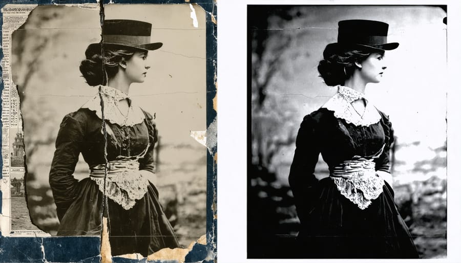 Before and after comparison of a restored vintage family portrait showing significant improvement in clarity and removal of damage