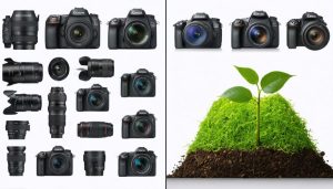 Conceptual split-screen image contrasting traditional photography equipment with eco-friendly alternatives, highlighting sustainable photography practices.