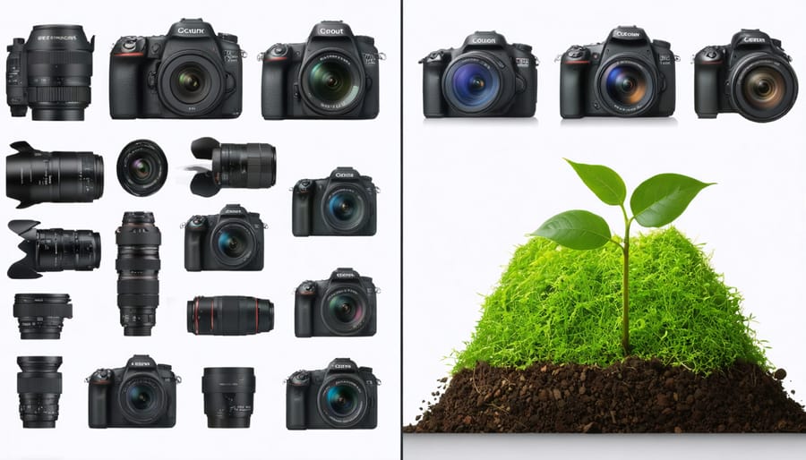 Conceptual split-screen image contrasting traditional photography equipment with eco-friendly alternatives, highlighting sustainable photography practices.