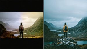 A split-screen illustration comparing a photo edited from RAW format with one edited from JPEG format, highlighting the difference in editing flexibility and quality.