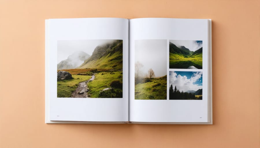 Open photography portfolio book displaying landscape photographs in professional layout