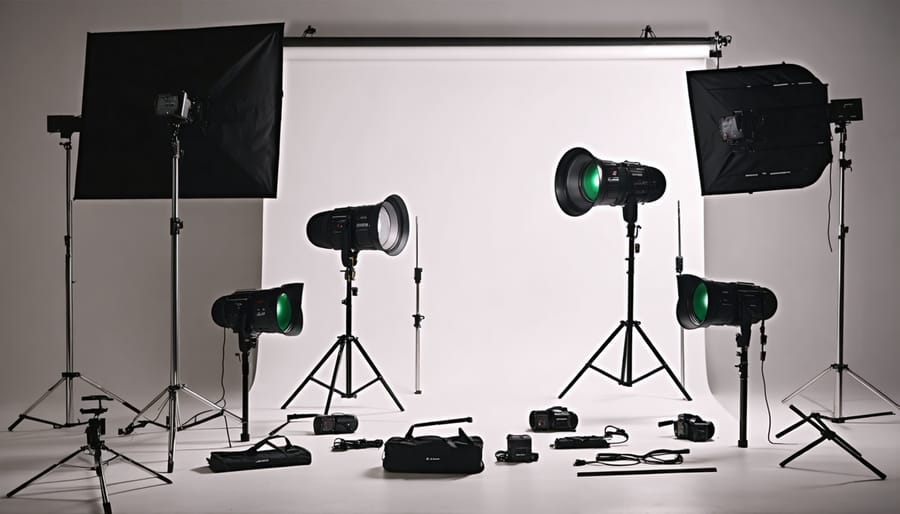 Array of professional photography lighting equipment including LED panels, strobes, and speedlights on display