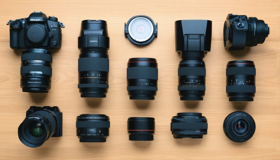 Display of professional camera equipment including DSLR, prime lenses, and speedlights