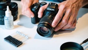 A professional photographer using specialized tools to clean a camera sensor, with various sensor cleaning components like swabs, solutions, and a magnifying tool neatly arranged on a table.