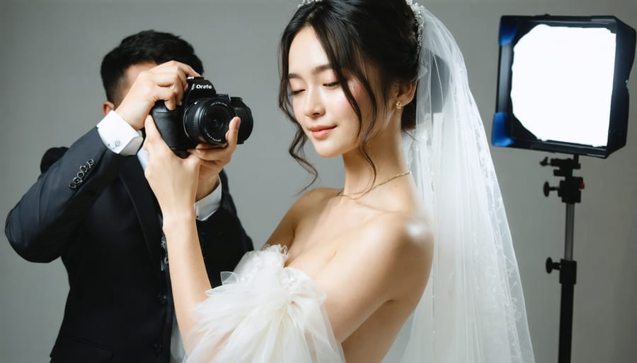 Wedding photographer carrying both digital and film cameras during professional shoot