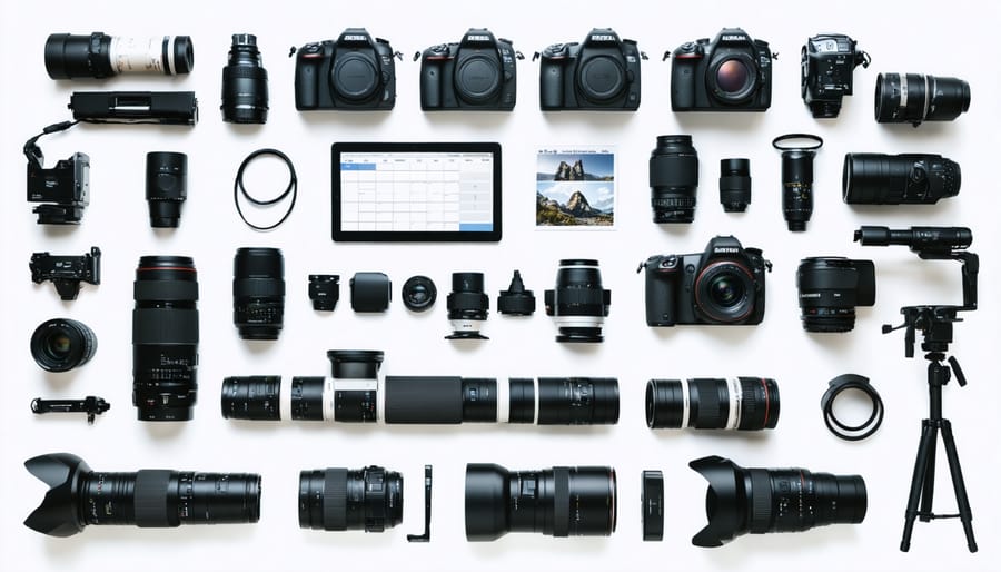 A meticulously arranged display of rented professional photography equipment, including DSLR cameras, lenses, and lighting setups, symbolizing easy access to high-end gear for photographers.