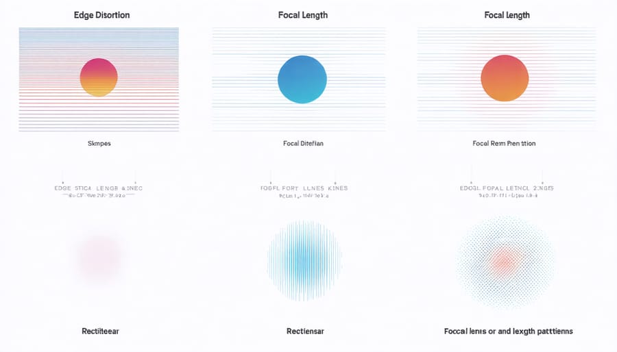 Technical diagram comparing edge distortion patterns across various rectilinear lens focal lengths