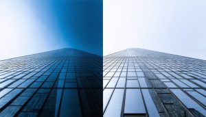 Side-by-side comparison of a skyscraper photographed with a rectilinear lens, showing straight lines, and a fisheye lens, depicting curved lines.