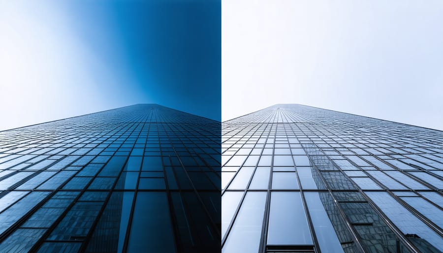 Side-by-side comparison of a skyscraper photographed with a rectilinear lens, showing straight lines, and a fisheye lens, depicting curved lines.