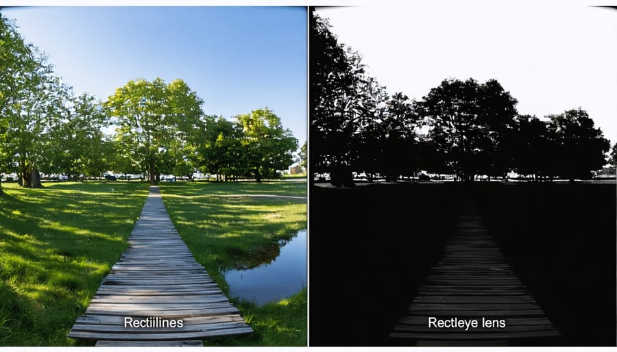 Comparison showing architectural scene captured with rectilinear lens (straight lines) versus fisheye lens (curved lines)