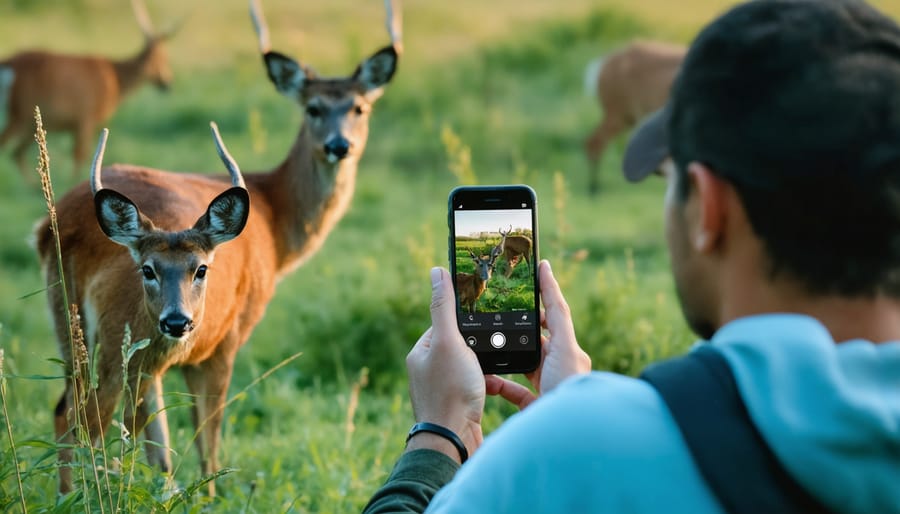 Photographer using mobile device to remotely control camera settings while maintaining distance from subject