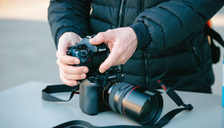 Photographer examining rental camera equipment for quality inspection