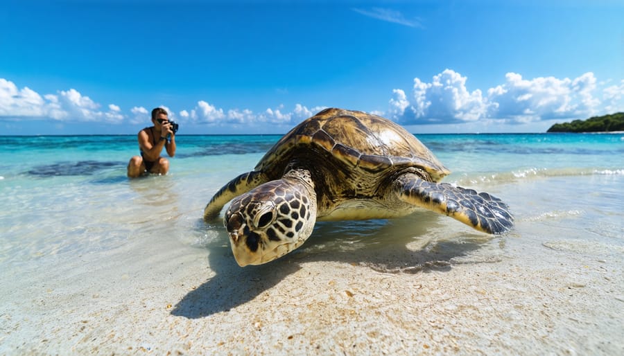 Half-underwater photo of photographer practicing responsible distance from sea turtle