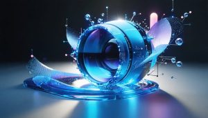 "Conceptual representation of futuristic photography innovations, featuring dynamically shaping liquid lenses and metamaterial optics alongside digital symbols for AI integration."