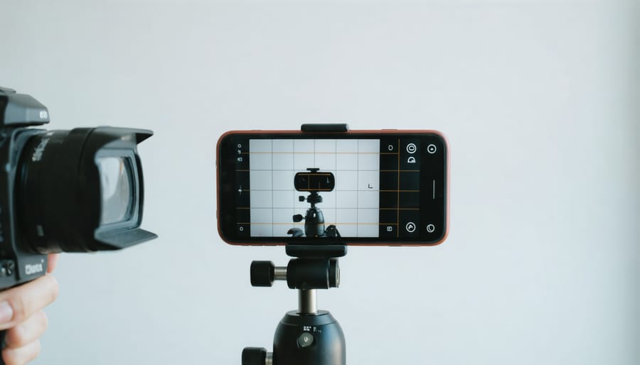 Smartphone screen displaying rule of thirds grid with subject positioned at intersection points