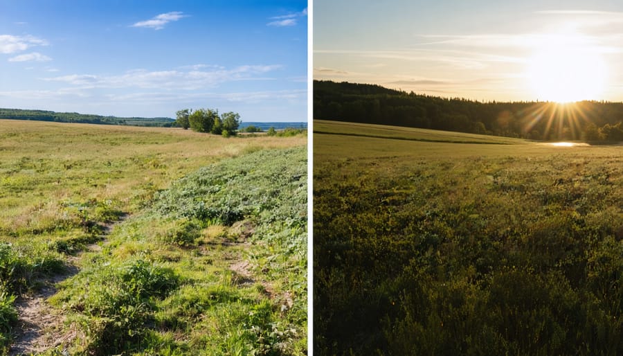 Four-panel image showing identical mountain vista across spring, summer, fall, and winter