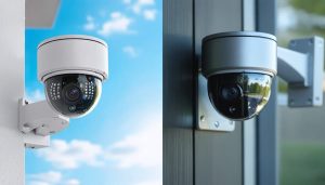 Side-by-side comparison of a well-maintained security camera providing clear footage and a neglected camera showing blurry images, emphasizing the difference regular maintenance makes.