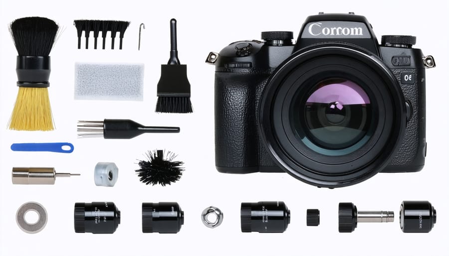 Various sensor cleaning tools including swabs, solution bottles, blower, and inspection loupe laid out systematically