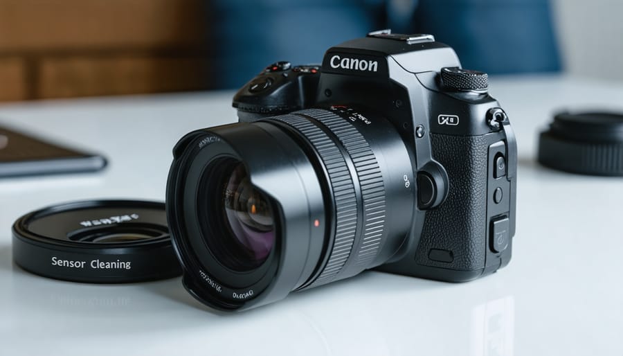 Photographer demonstrating correct sensor cleaning procedure with proper lighting and workspace setup