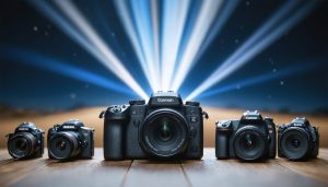 Illustration showing various camera sensor sizes, with a full-frame sensor at the center emanating light, surrounded by smaller sensors labeled for different formats against a blurred background representing diverse photography settings.