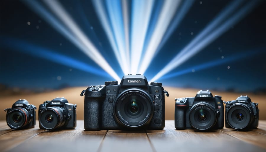 Illustration showing various camera sensor sizes, with a full-frame sensor at the center emanating light, surrounded by smaller sensors labeled for different formats against a blurred background representing diverse photography settings.