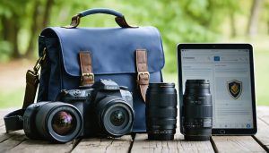 A professional photography gear setup with a DSLR camera, lenses, and a tablet showing an insurance policy interface, symbolizing the importance of equipment insurance for photographers.