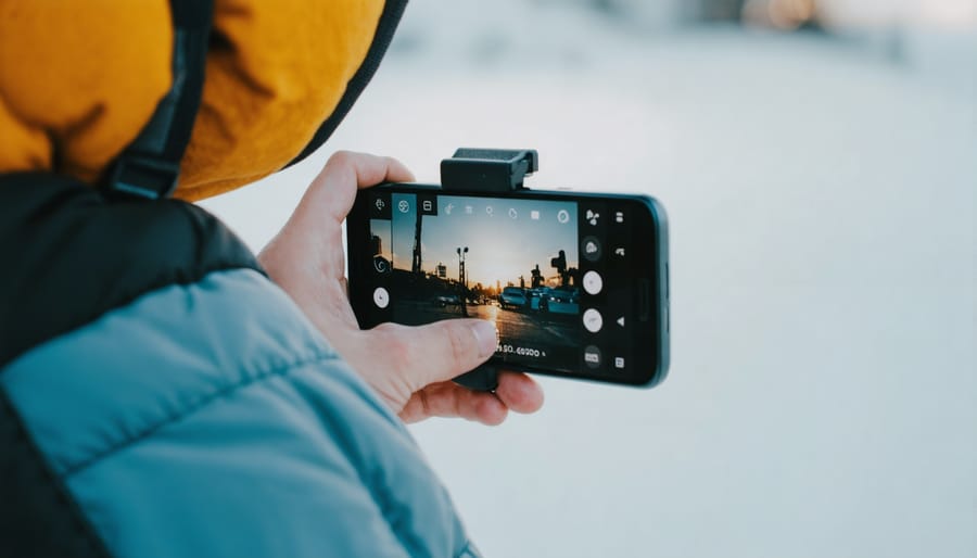 Person demonstrating three-point grip technique for stable smartphone filming