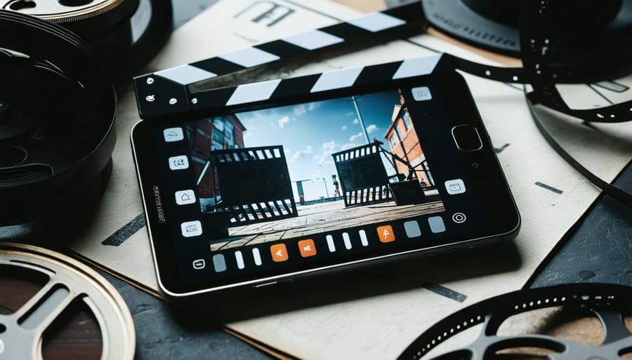 Conceptual image of a smartphone surrounded by film-related icons and tools, illustrating the transformation of mobile devices into powerful video production tools.