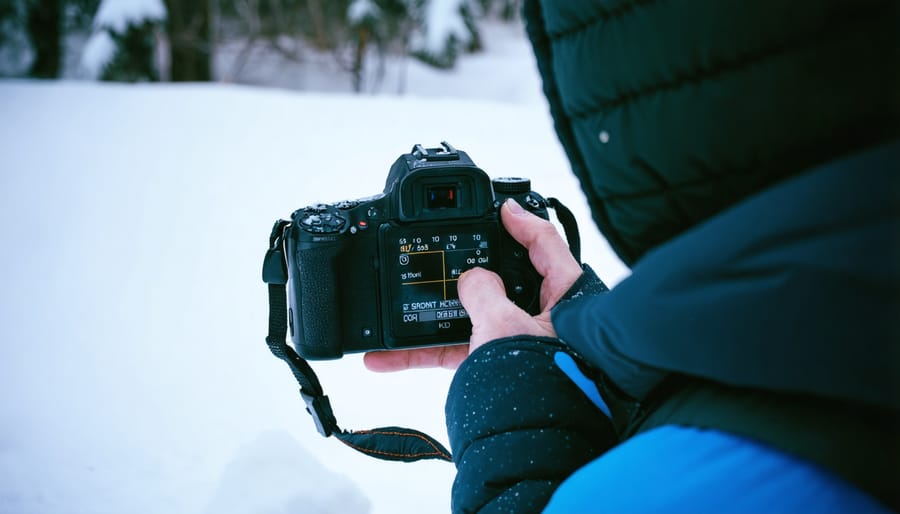 Person using handheld light meter to measure exposure in bright snow-covered landscape