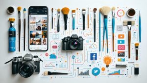 A creative workspace showcasing tools and techniques for enhancing social media photos, including a camera, smartphone apps, and artistic elements to illustrate professional photography methods.
