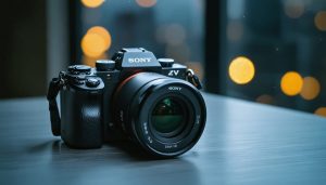 Sony ZV-E10 camera with a fast prime lens, set against a night-time cityscape, illustrating its superior low-light photography capabilities.