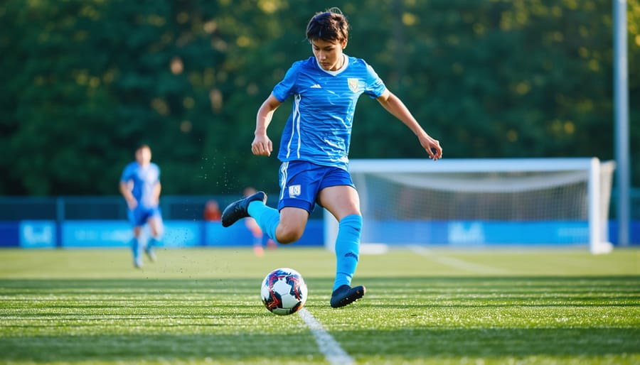 Soccer player in motion with sharp focus on face demonstrating AI tracking
