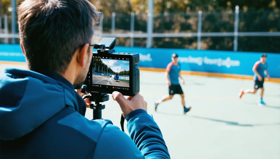 Sports photographer using AI-powered gimbal to track athletes during a game